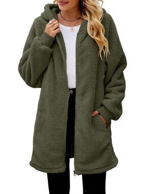 Army Green Medium Oversized Sherpa Jacket - Cozy Zip-Up Fleece Hoodie